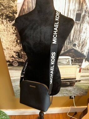 Michael Kors Black Dome Crossbody with Logo Webbing Strap